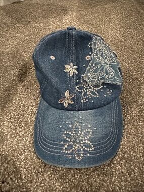 Denim Floral Rhinestone Baseball Cap - Blue